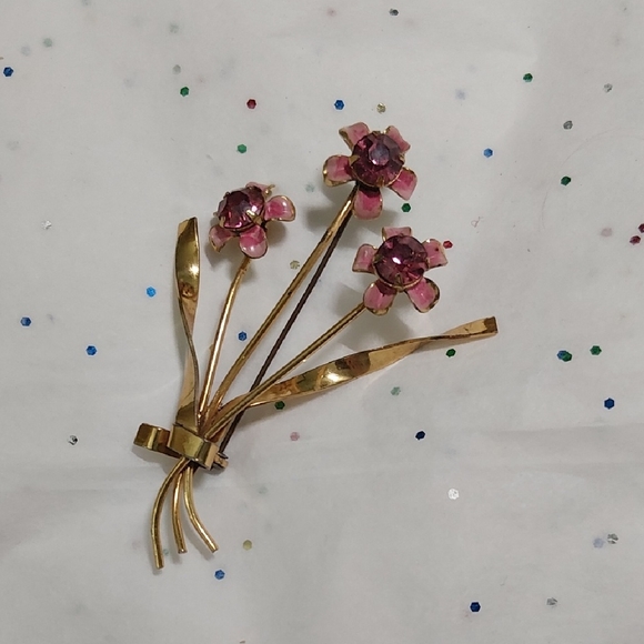 Jewelry - Gold Floral Brooch with Pink Accents